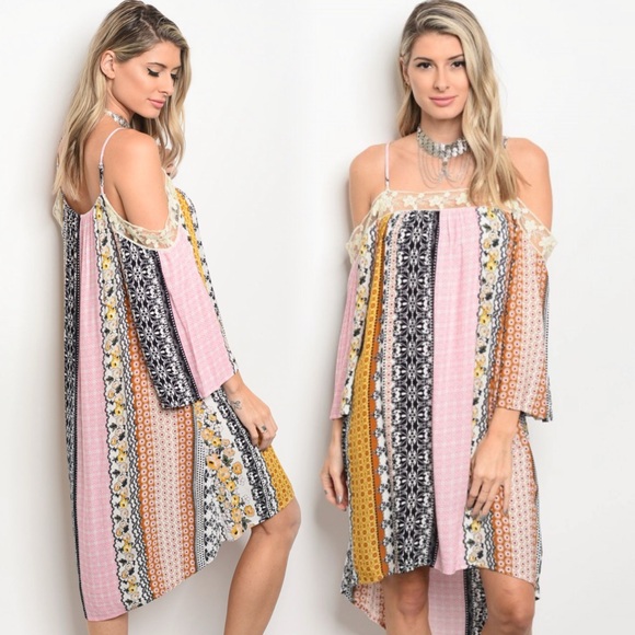 Dresses & Skirts - Bohemian Off-Shoulder Dress with Lace Trim